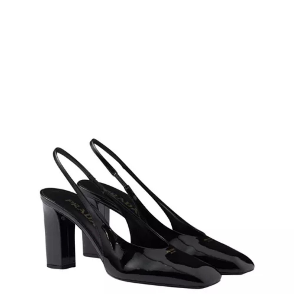 Prada Black Patent Leather Slingback Pumps with Gold Logo - Picture 2 of 2
